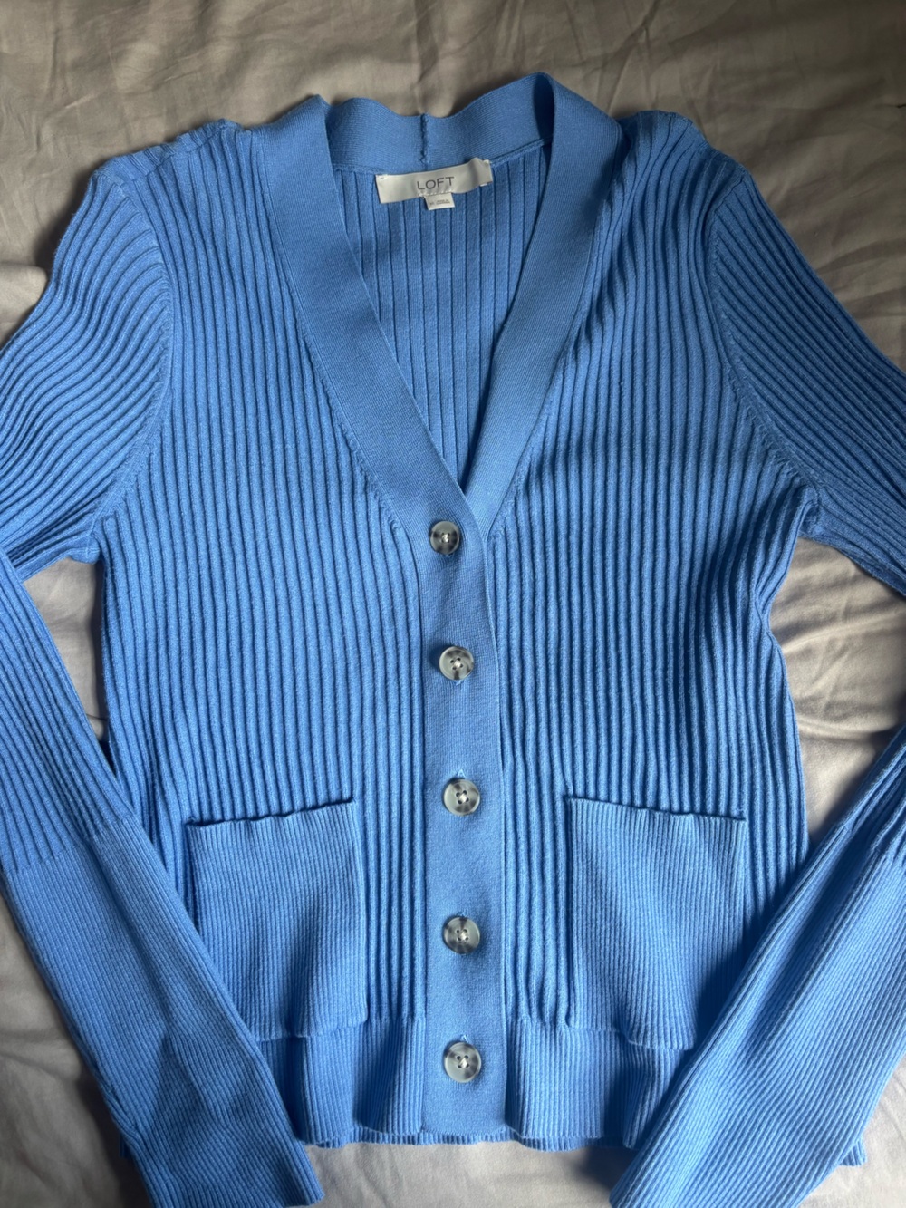 LOFT Blue Ribbed Button-Front Cardigan - Picture 3 of 4